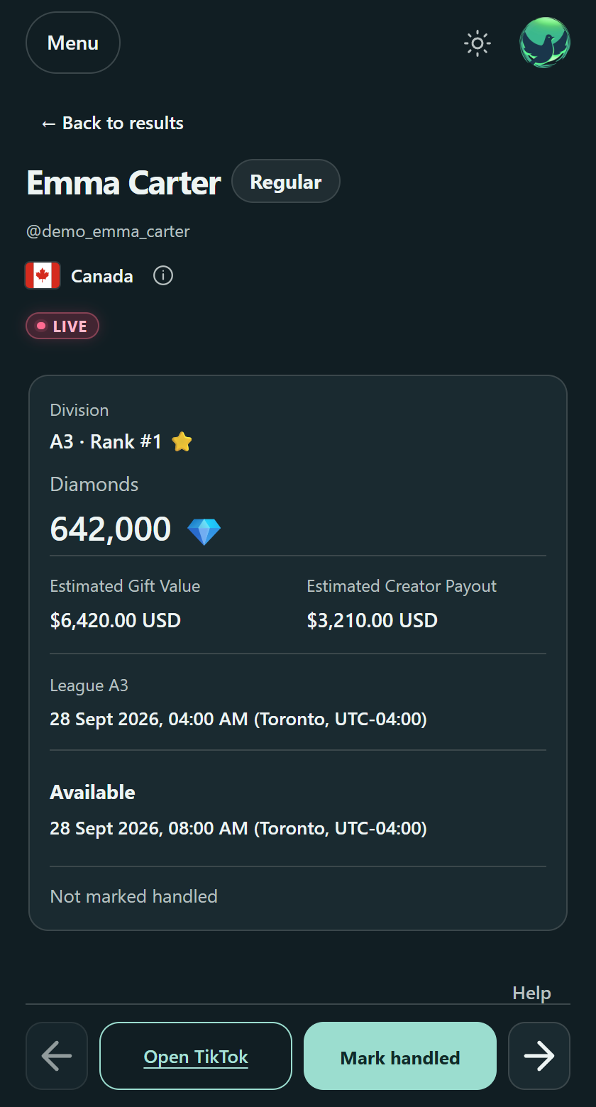 A fictional Canadian creator's profile in the actual Ledhec mobile app, with availability, performance and Mark handled