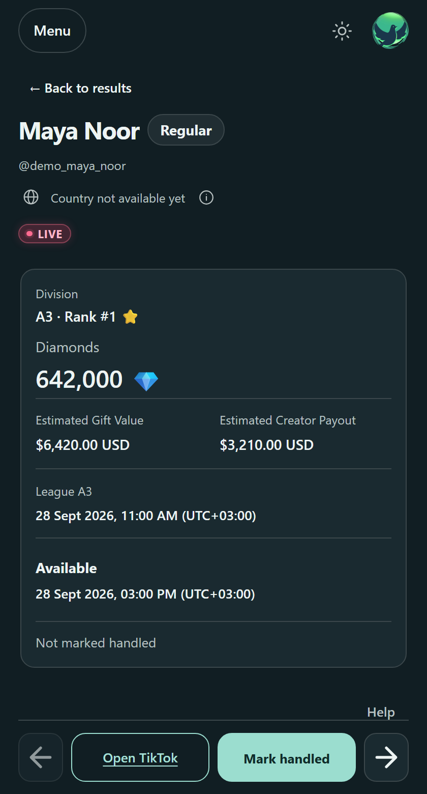 An example creator's profile in the actual Ledhec mobile app, with availability, performance and Mark handled